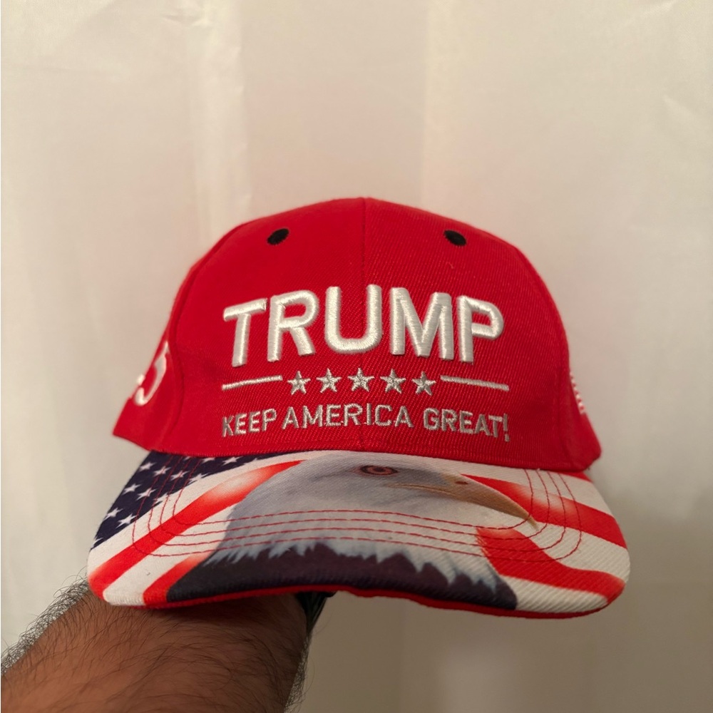Red Trump 45 Cap with American Flag Design. Eagle on Brim